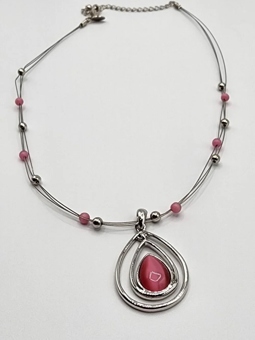 LIA SOPHIA COTTON CANDY Silver Pink Teardrop Floating Bead Signed Necklace